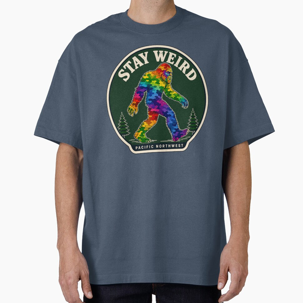 Stay Weird Pacific Northwest Rainbow Bigfoot Badge by Swanny's Custom T-shirt and Gift Designs