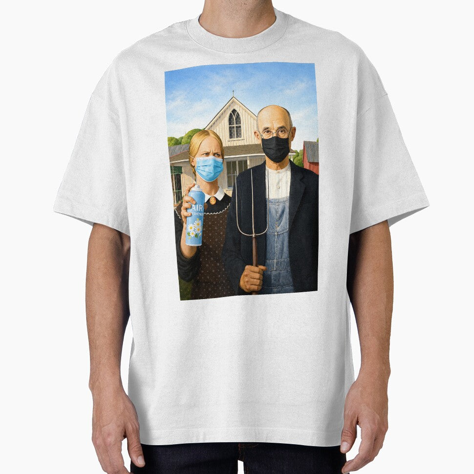 American Gothic Masked Reaction Art | Funny Parody Wall Art & T-Shirt Design by Awful Whiff Art Co
