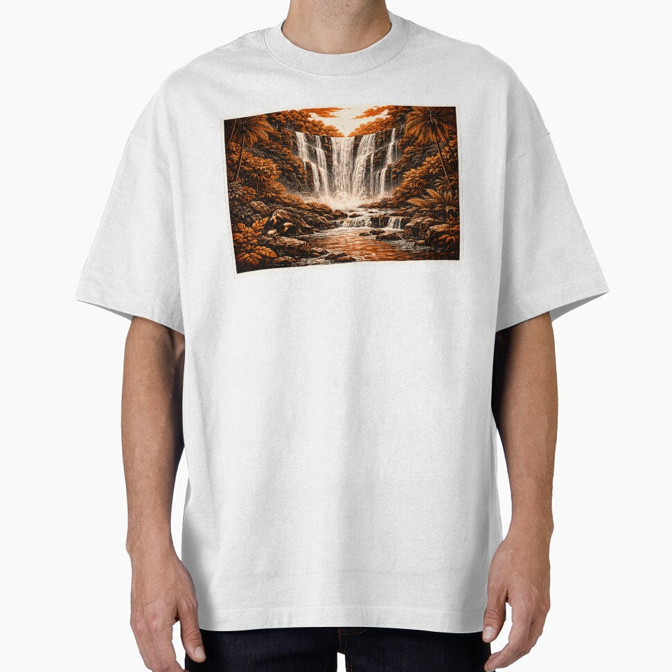 Amazon Waterfall Linocut Art – Tropical Jungle Waterfall Retro Poster by DrizzyV