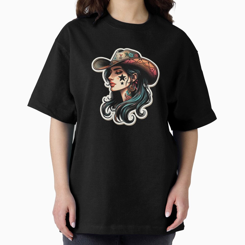 Elegant Woman with Long Dark Hair in Cowboy Hat - Western Style Graphic by styleonestaa