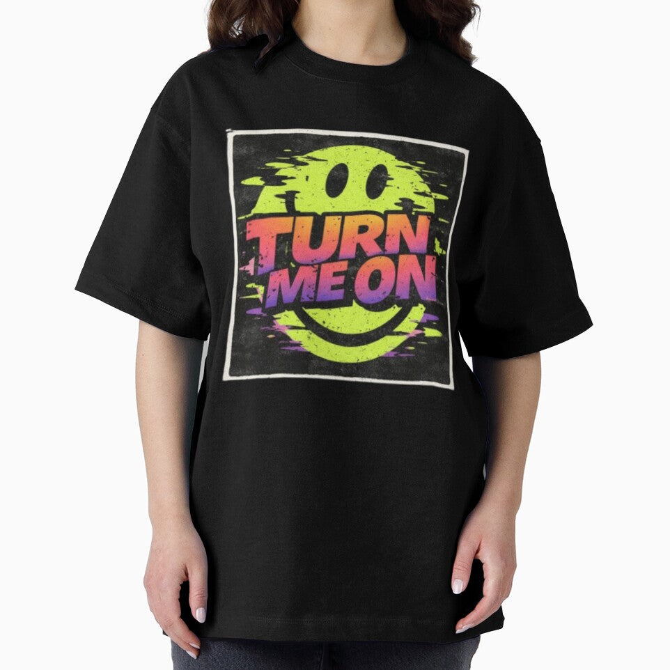 Turn Me On Smiley Face Neon Graphic, Rave Aesthetic Shirt, EDM Festival Vibes, Retro Glitch Design by ELVIN DESIGNS