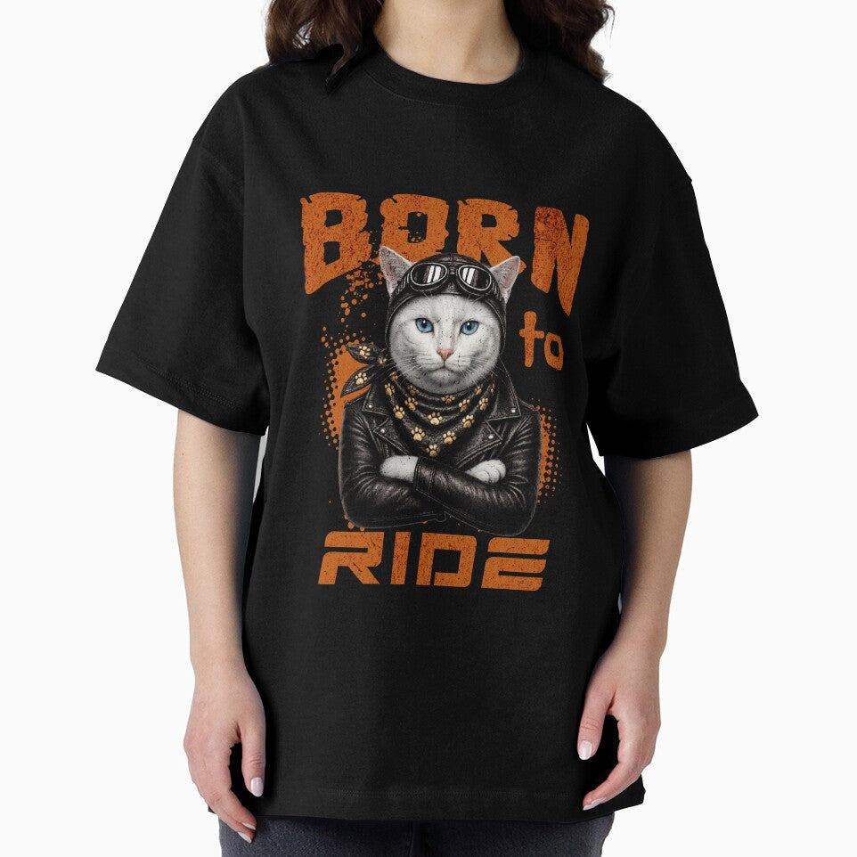 White Cat Biker Design – Born To Ride Funny Motorcycle White Cat Print by PixelsPaws