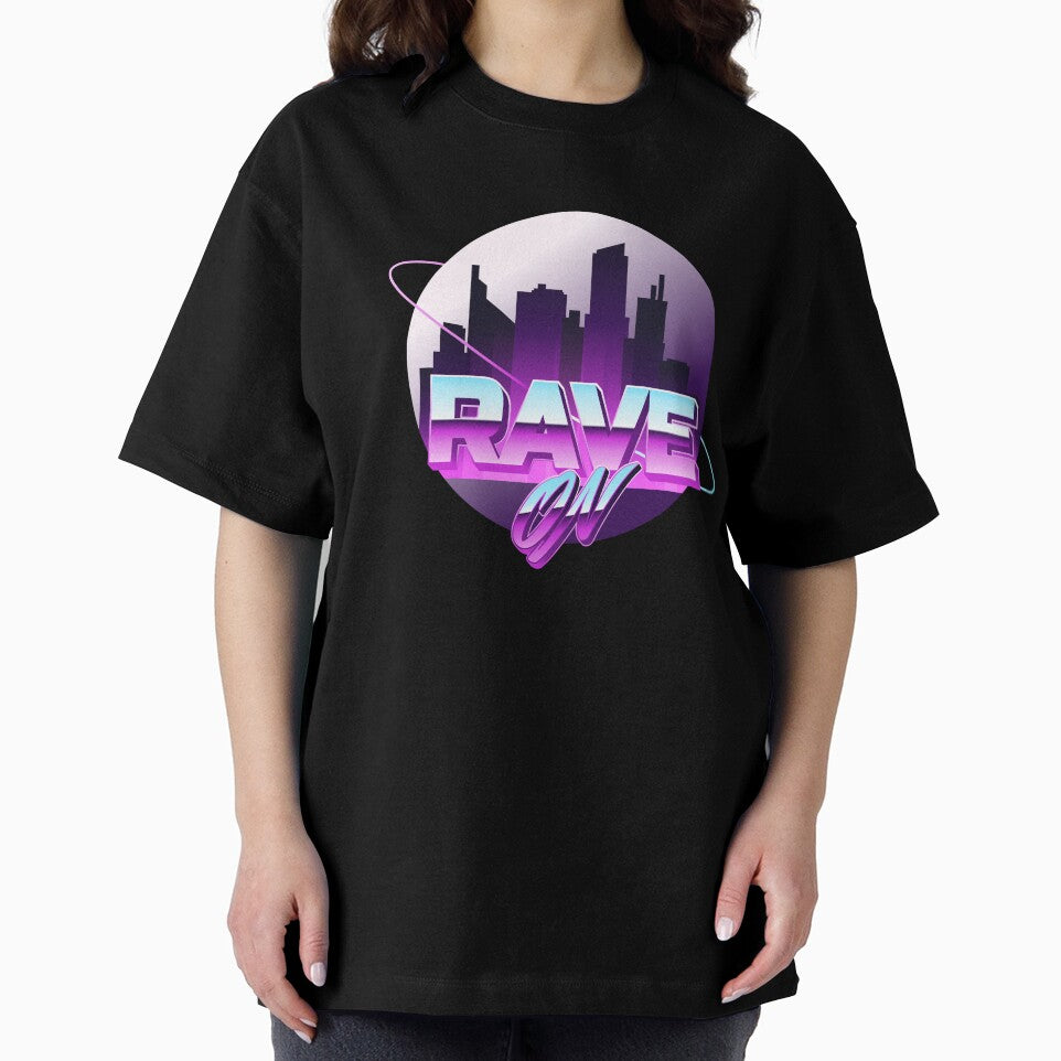 Rave On Synthwave Neon City Skyline 80s Retro Chrome Typography Festival Art by DERA RAY