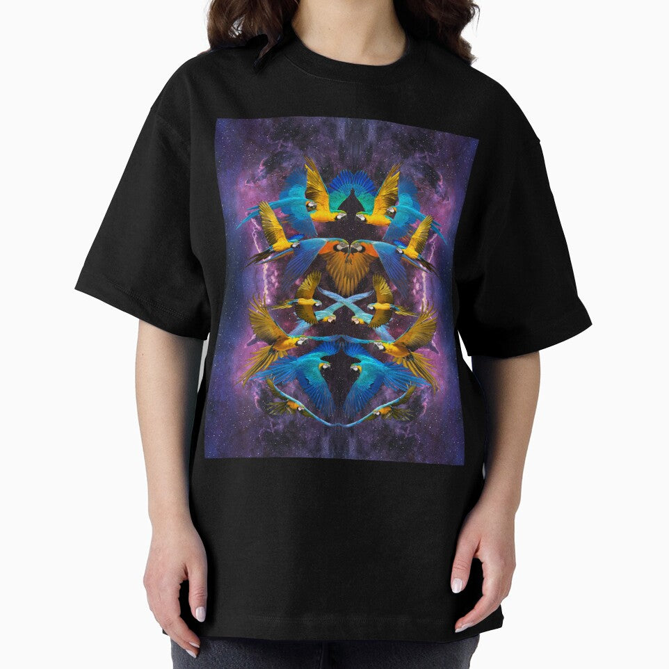 Flock of Blue and Gold Macaws with Purple Galactic Background by JungleVision