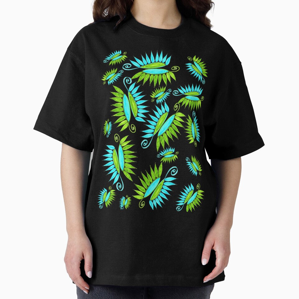 Whimsical Flower Pods Pattern Blue Green Garden Art With Black Background Hand Drawn by H3designs