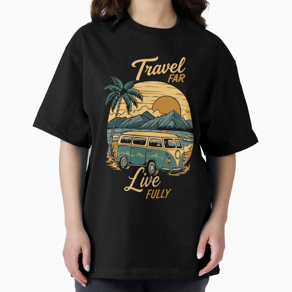 Travel Far Live Fully Vintage Camper Van T-Shirt by phsycartwork