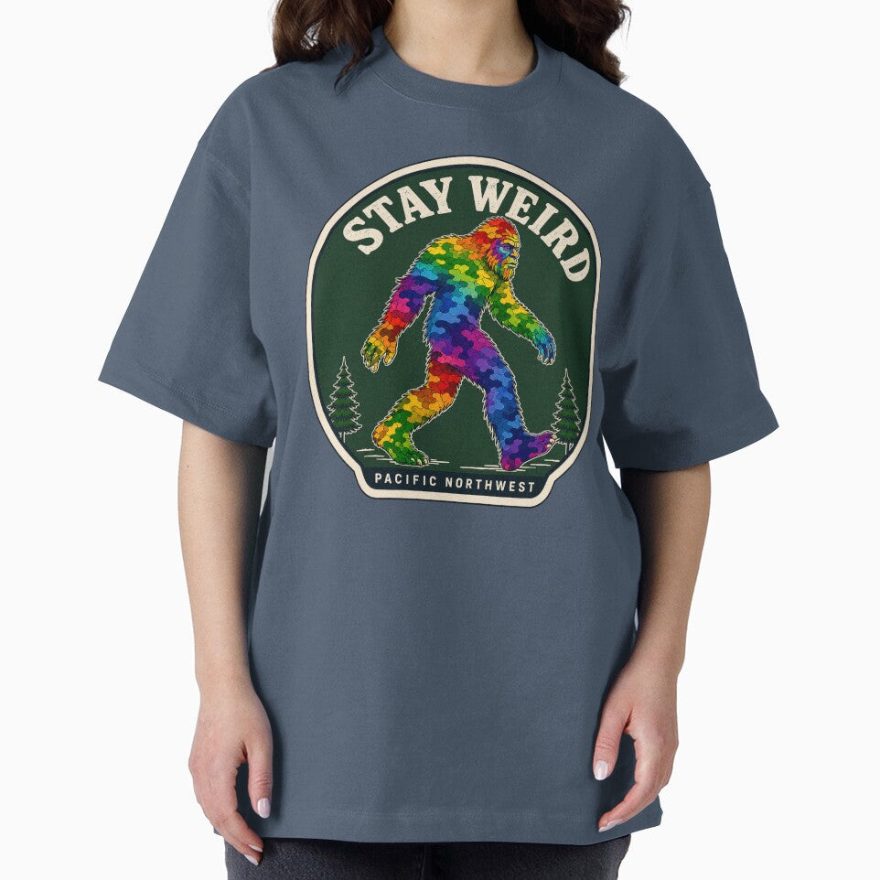 Stay Weird Pacific Northwest Rainbow Bigfoot Badge by Swanny's Custom T-shirt and Gift Designs