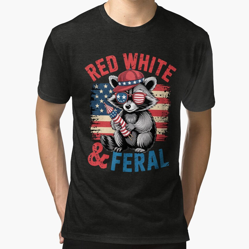 Red White & Feral Funny Raccoon 4th Of July Men Women by KotexTemu