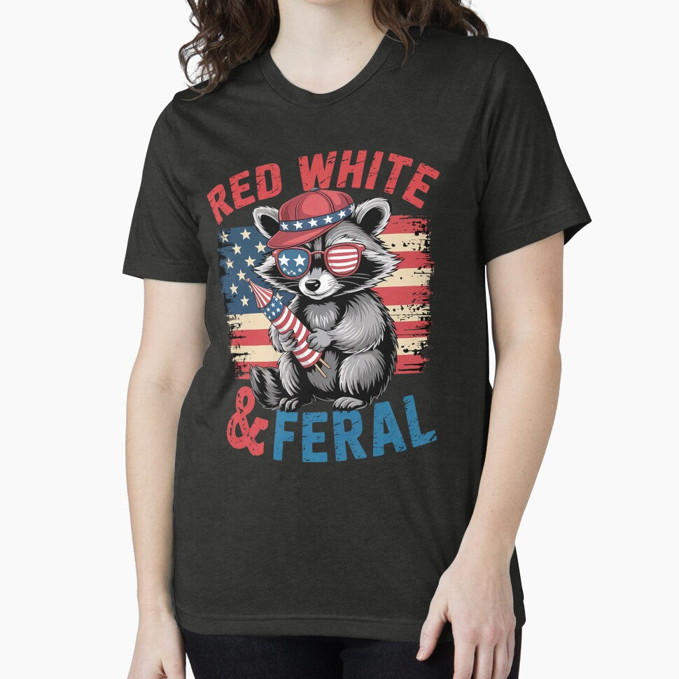 Red White & Feral Funny Raccoon 4th Of July Men Women by KotexTemu